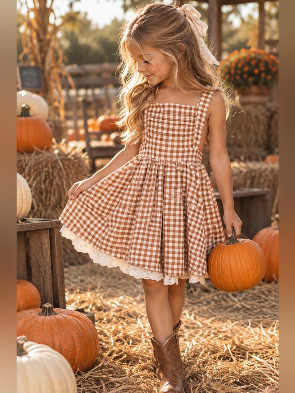 SweetHoney Girls Gingham Pinafore Dress + Bloomers Set Brown 6Y
